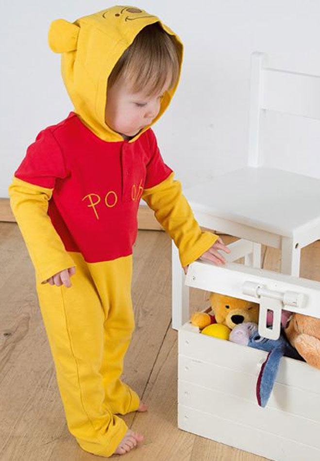 Officially licensed Disney's Winnie the Pooh cotton jersey romper suit with attached hood by Travis Designs available in all sizes here at Karnival Costumes online party shop