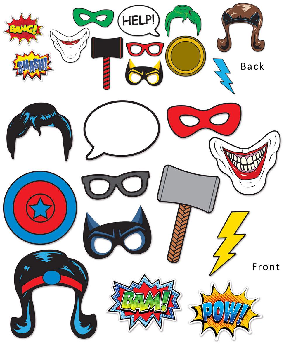 Pack of 12 Superhero Fun Signs Photo Props printed on both sides - 24 designs total. By Beistle 59888 available in the UK here at Karnival Costumes online party shop