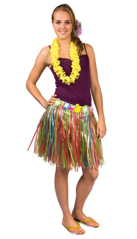 Short 45cm Multi-Coloured Hula Skirt with Flower Waistband by Palmer Agencies 4481 available from a selection here at Karnival Costumes online party shop