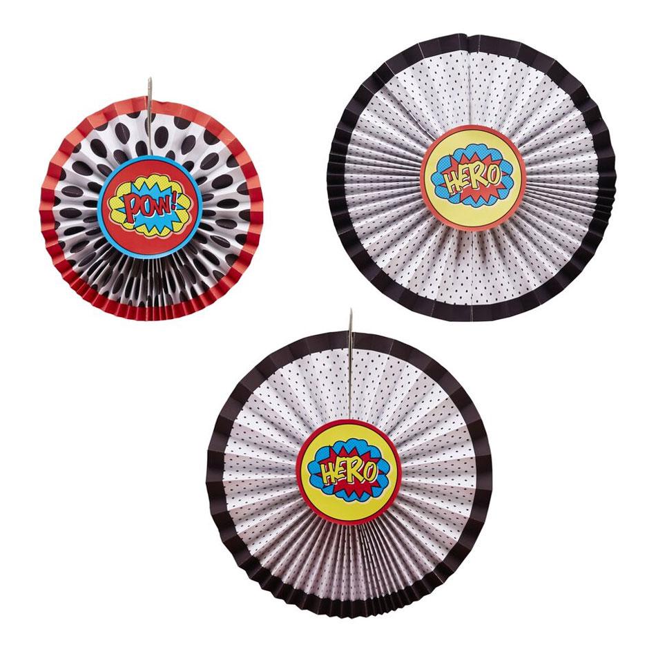 Comic Superhero Hanging Pinwheel Fan Decorations Pack (3pc) by Ginger Ray CS-912 available here at Karnival Costumes online party shop