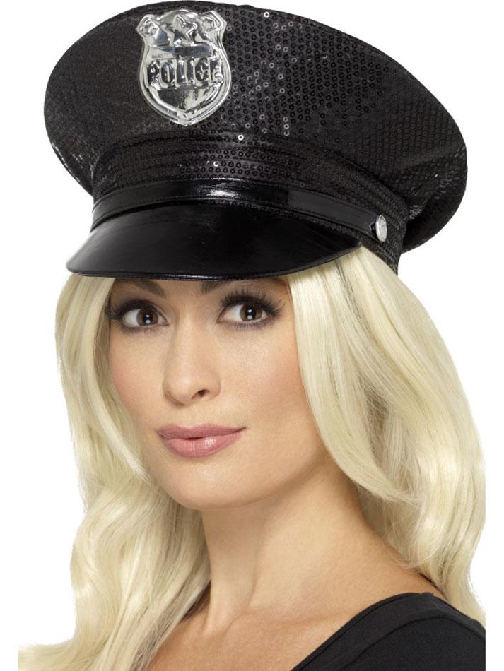 Fever Black Sequin Police Hat by Smiffys 46988 available here at Karnival Costumes online party shop