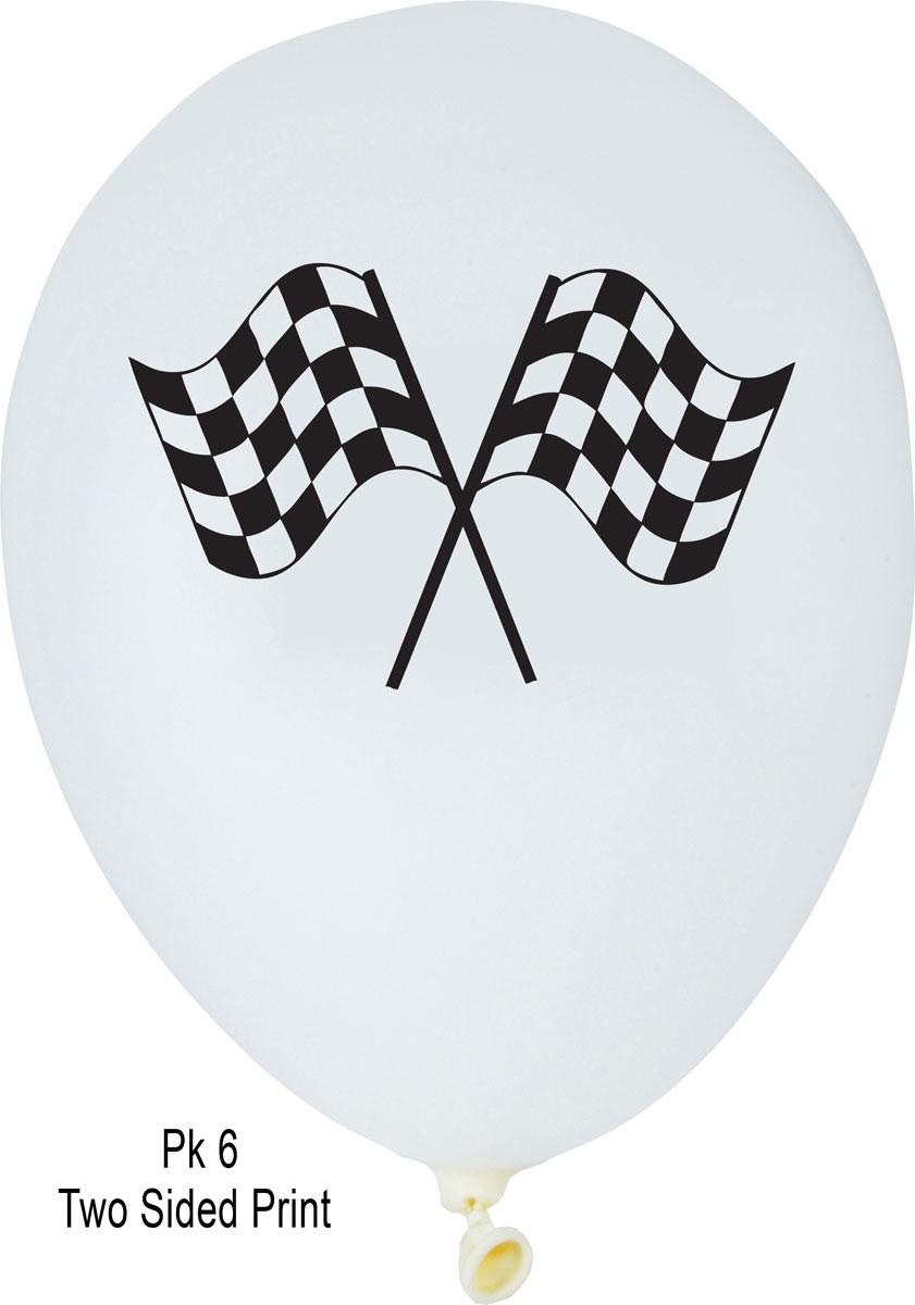 Pack of 6 Black and White Chequered Flag Balloons ideal for race themed parties. 12" (30cm) helium weight latex balloons by Creative Party RB218 available in the UK here at Karnival Costumes online party shop
