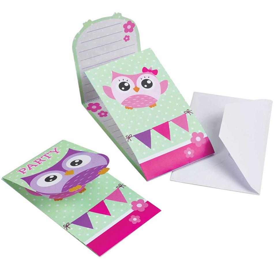 Pack of 8 Owl Invitations & Envelopes by Amscan 998351 available here at Karnival Costumes online party shop