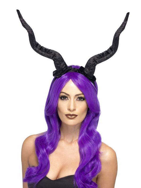 Long flexible black velveteen Demon Horns on headband by Smiffys 27829 available here at Karnival Costumes online Halloween party shop