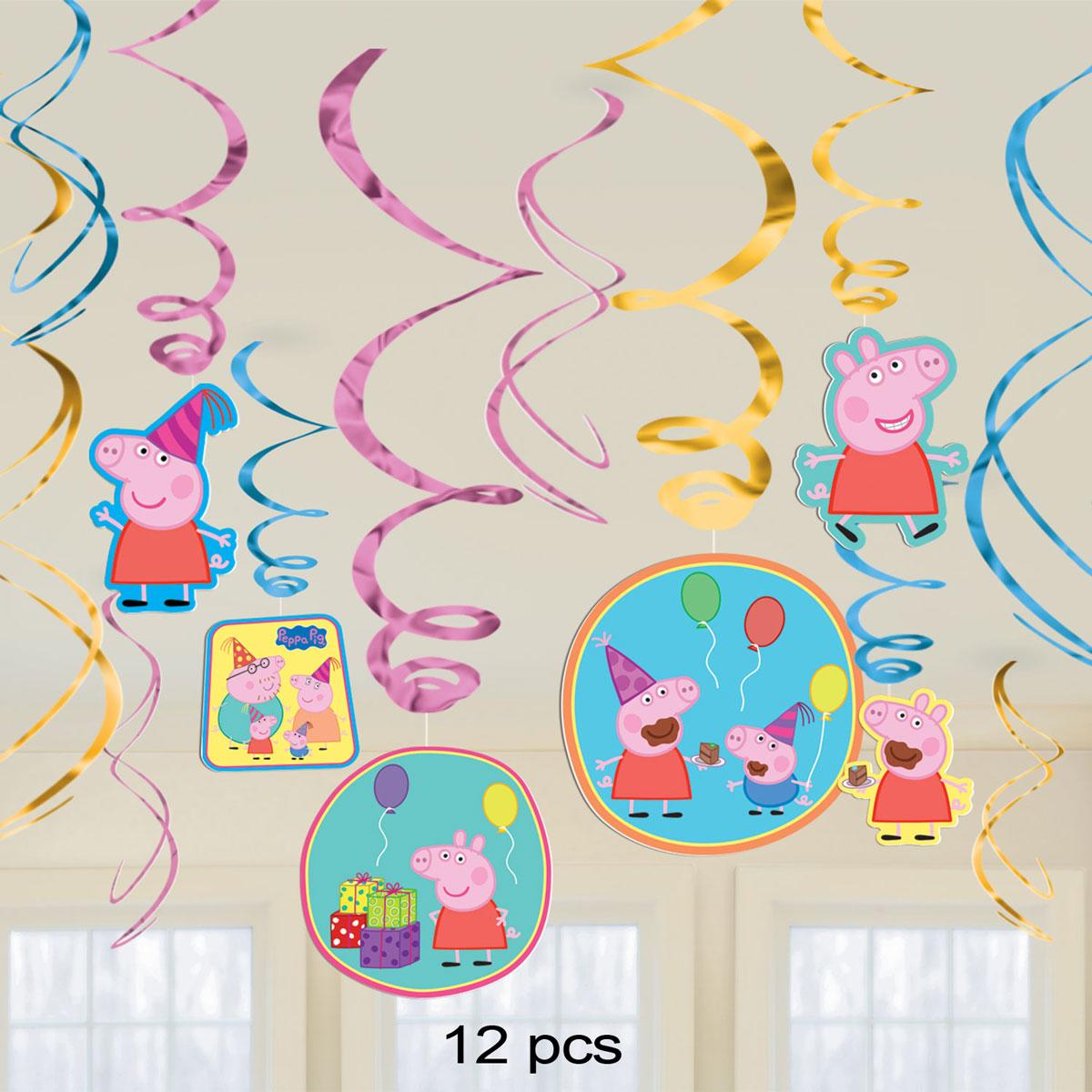 Peppa Pig Hanging Swirl Decorations 12pcs in metallic foil with 6 cutouts by Amscan 671499 available here at Karnival Costumes online party shop