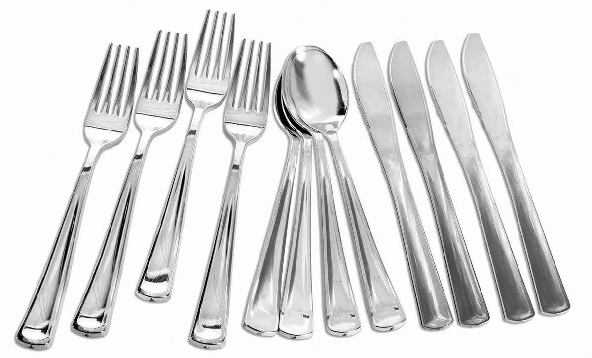 Silver Cutlery Assortment pk12 pieces, 4ea knives, forks and spoons by Forum Novelties 81856 available here at Karnival Costumes online party shop