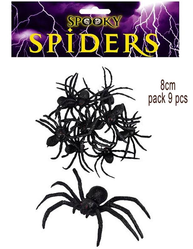 Bag of 8cm Black Spiders 9pcs by Henbrandt V09279 available here at Karnival Costumes online Halloween party shop