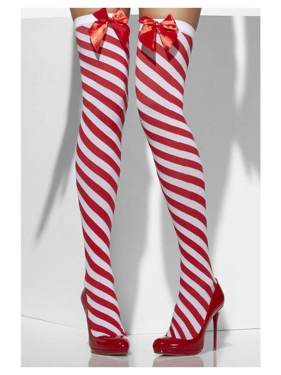 Red and white diagonally striped thigh high hold-ups with red ribbon bows by Smiffys 42780 available here at Karnival Costumes online party shop