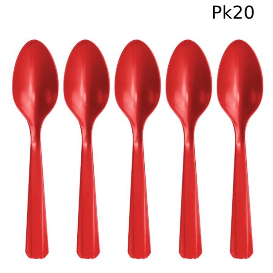 Bright red reusable plastic spoons by Unique 4547.4 available here at Karnival Costumes online party shop