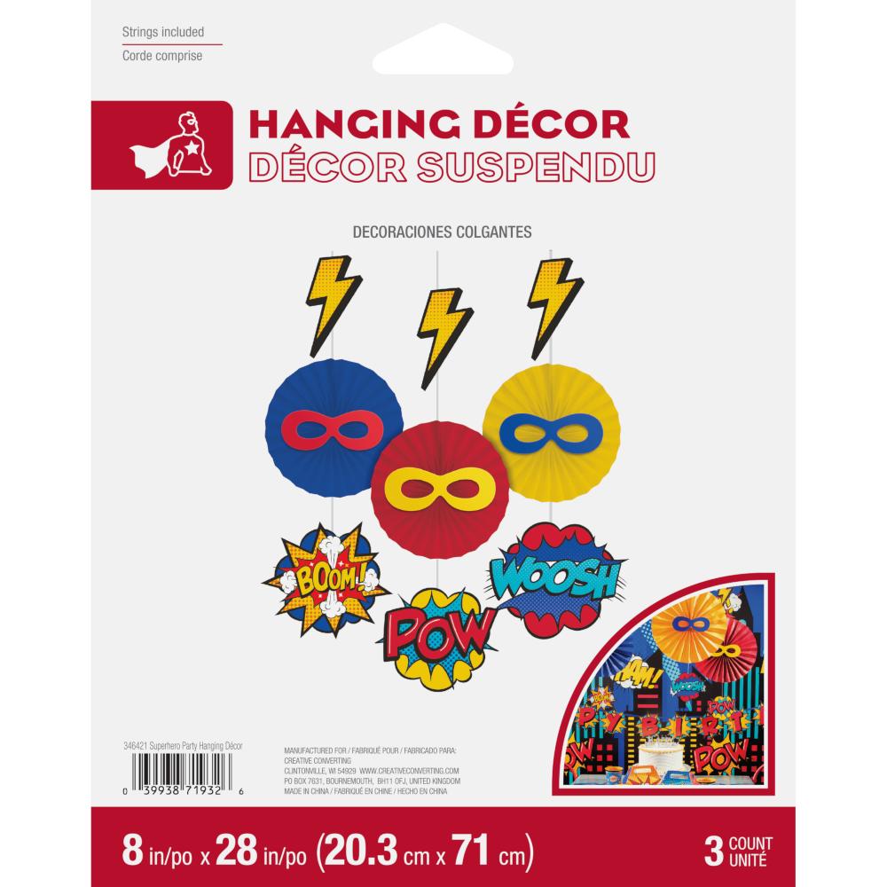 Packaging for our Superhero Party Hanging Decorations pk3 by Creative Converting 346421 available here at Karnival Costumes online party shop