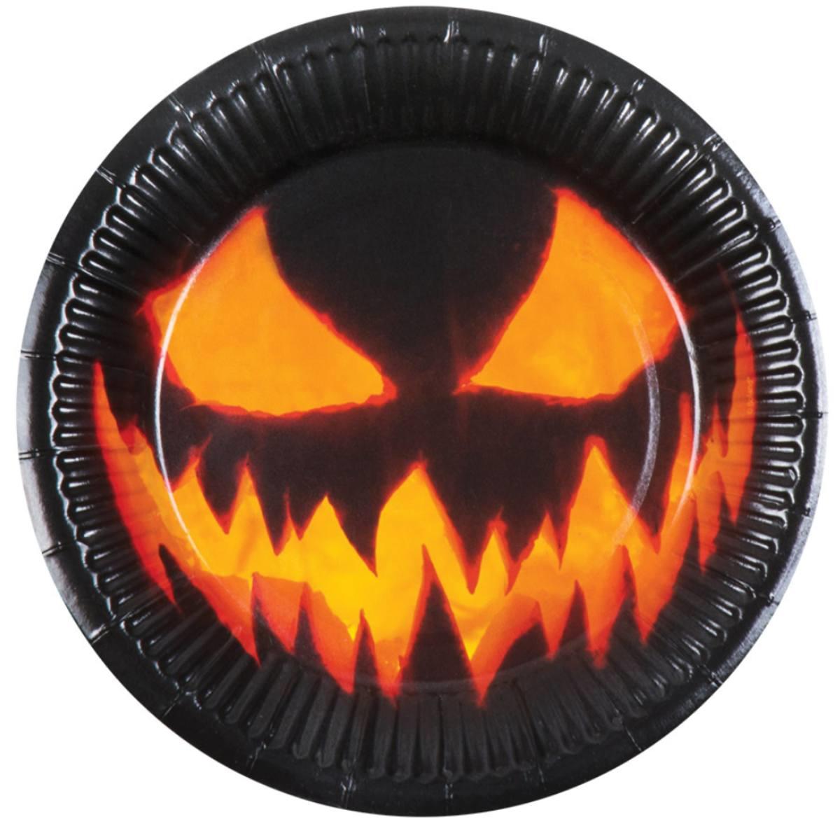 Creepy Pumpkin Paper Party Plates 23cm packed 10 item: 5855P available here at Karnival Costumes online Halloween party shop