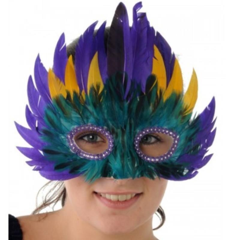 Carnival Season 3 Tier Feather Eye Mask in purple, green and gold by Creative F1420 available here at Karnival Costumes online party shop