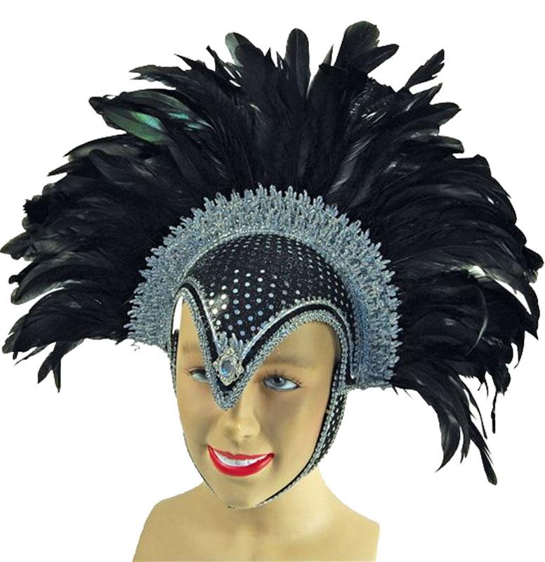 Feather Helmet - Black with Jewels & Plume