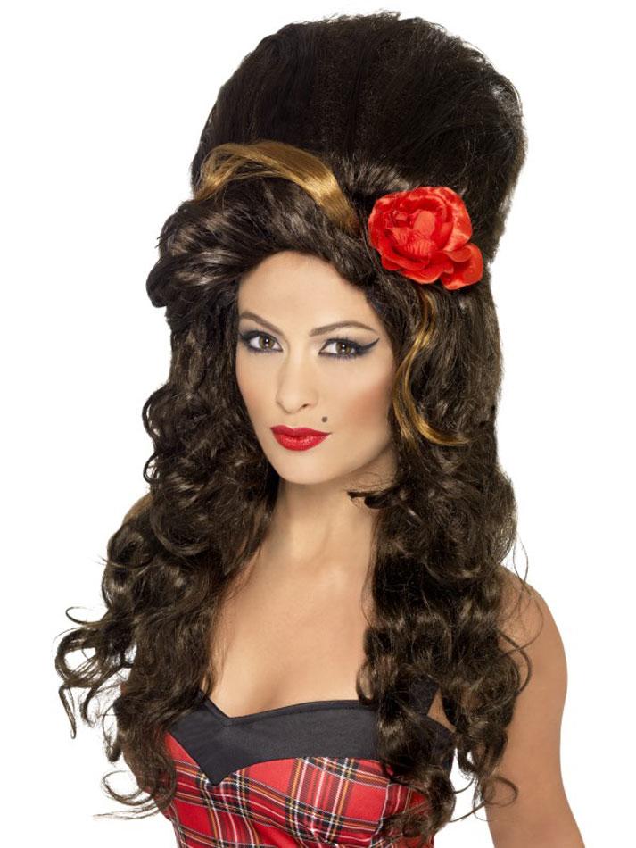 Rehab Pop Star Wig in Brown - Amy Winehouse Style Wig with Flower 42235 available here at Karnival Costumes online party shop