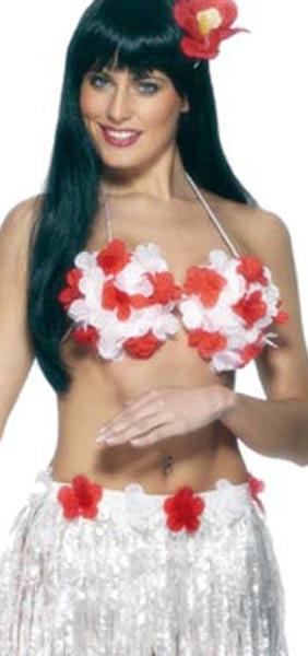 Red and White Silk Flower Hawaiian Luau or Beach Party Bra Top by Smiffy 26942 available here at Karnival Costumes online party shop