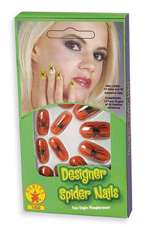 Orange Finger Nails with Spider Print