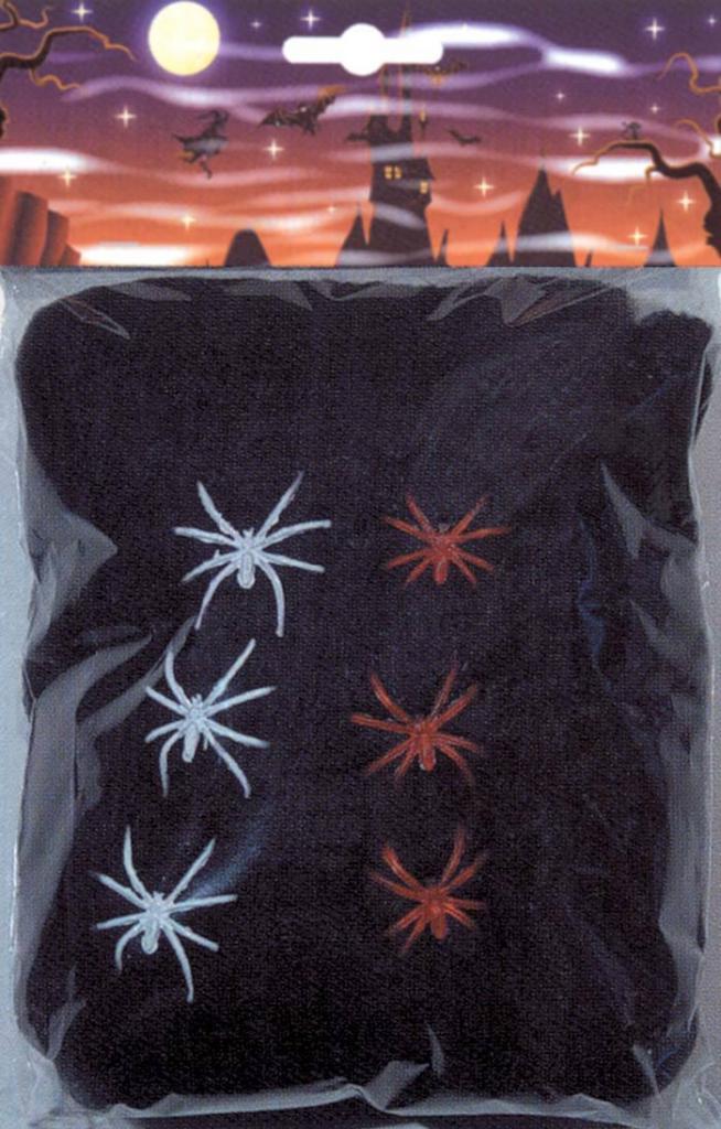 Black Spider Web 100gr with 6 Spiders from a large collection of Halloween props and decorations at Karnival Costumes www.karnival-house.co.uk