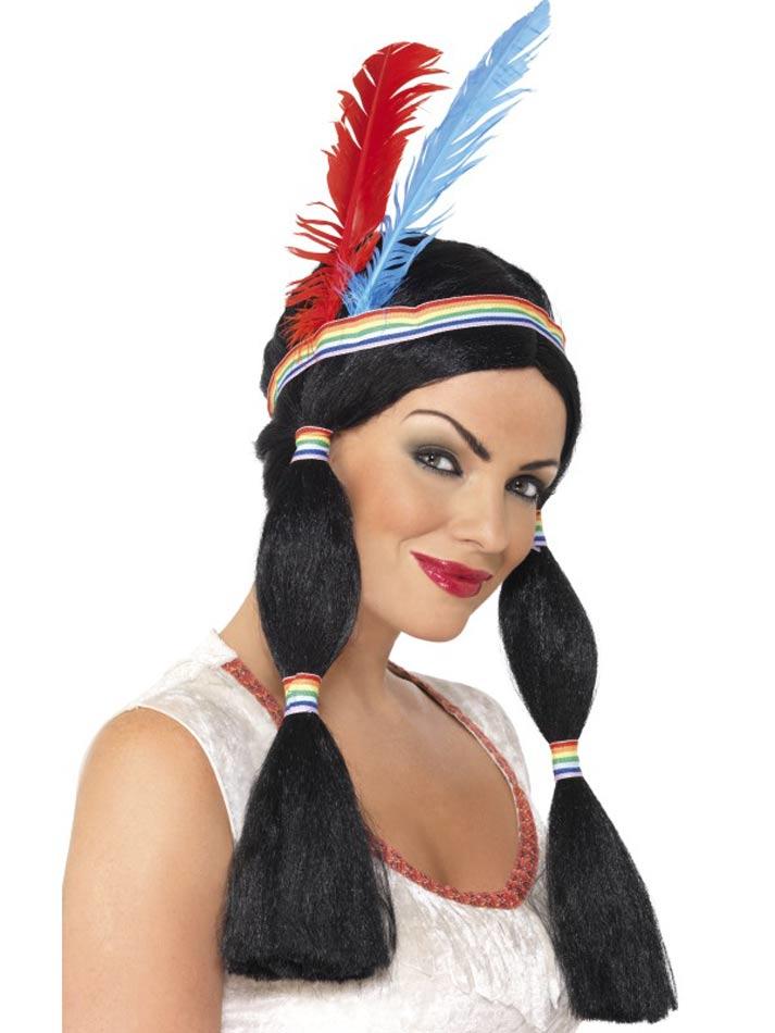 native American Tribal Princess Wig in black with tied bunches and headband. Ref 42190 available here in the UK at Karnival Costumes onlien party shop