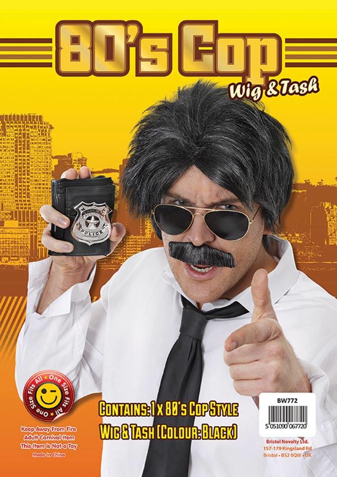 80s Cop Wig and Moustache Set - Costume Wigs - Packaging - Black