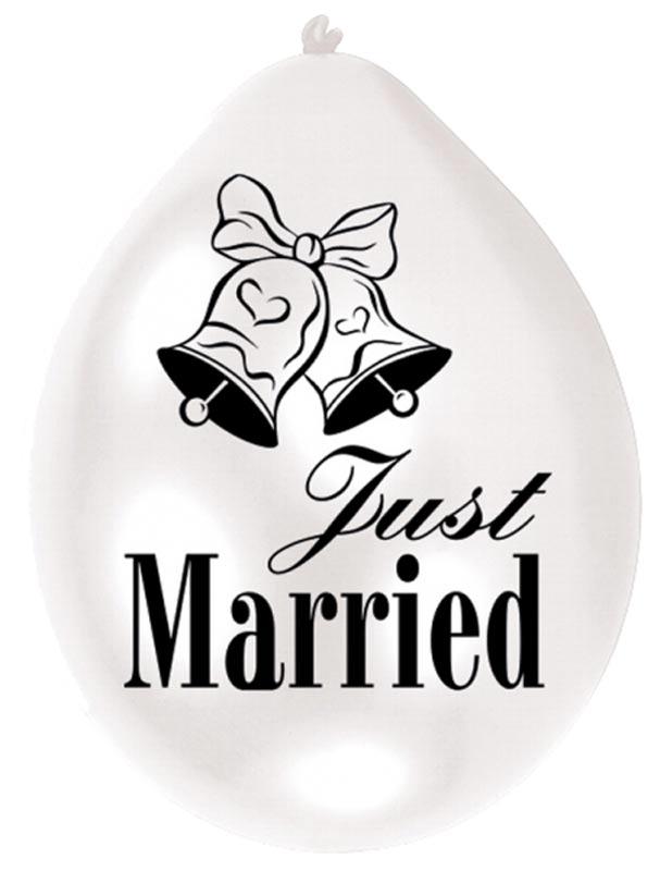 Pearl White Just Married Wedding Balloons, printed in light grey. From Amscan, these are in packs of 10 balloons in a 9" size and are brought to you by Karnival Costumes www.karnival-house.co.uk