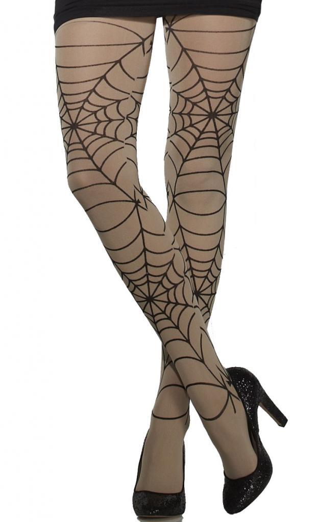 Nude and Black Opaque Tights for Halloween with Spiderweb Print from Karnival Costumes