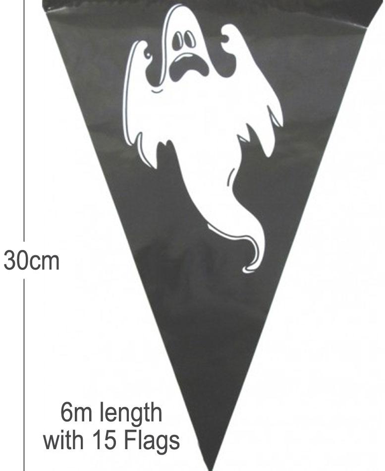 6m Ghost Pennant Bunting in black and white on plastic item: 8103 from Karnival Costumes