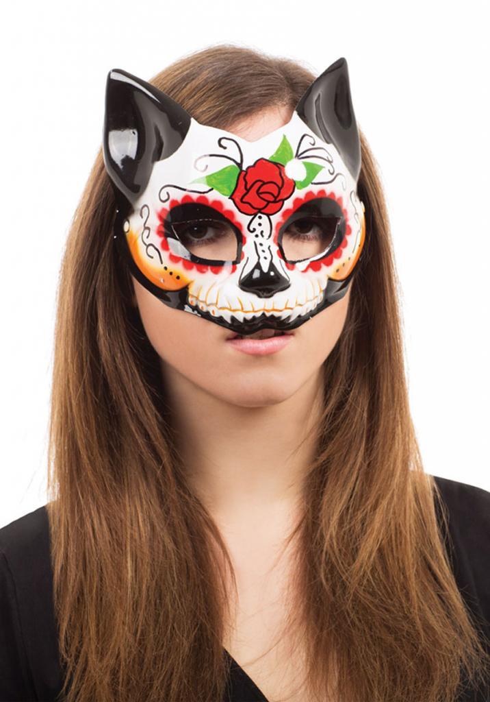 Day of the Dead Kitty Half Mask with spectacle arms Item EM762 and available from Karnival Costumes