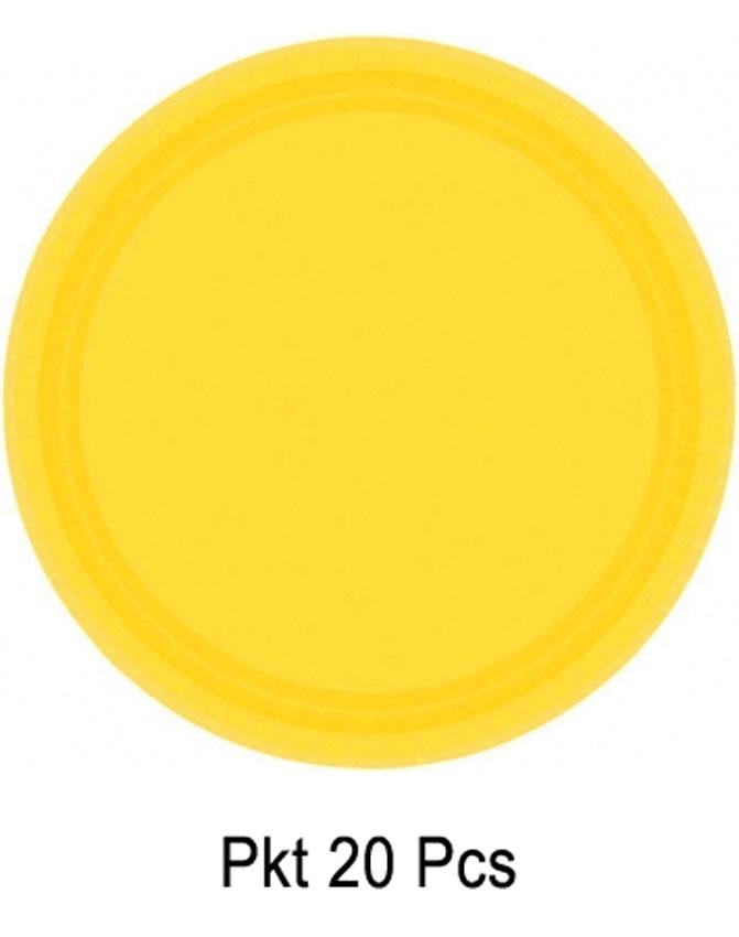 Pack of 20 Yellow 23cm Paper Plates by Amscan 65015-09 and available from Karnival Costumes
