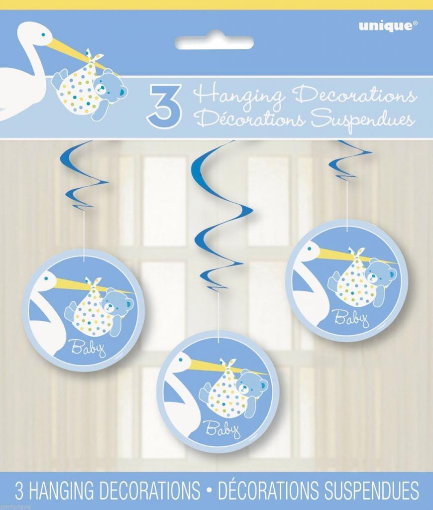 Pack of 3 Baby Boy Stork Hanging Decorations 36" deep by Unique 47159 available from Karnival Costumes online party shop