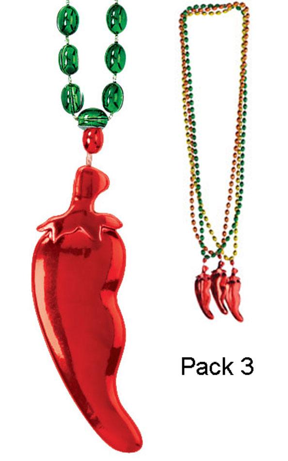 Pack of 3 Chilli Pepper Bead Necklaces with gold, green and orangce bead necklaces with red peppers. By Amscan 391365 available from Karnival Costumes online party shop