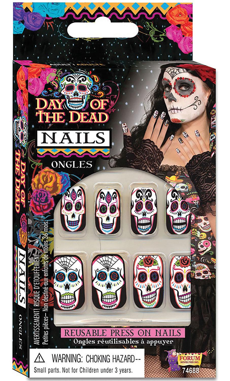 Pack of 10 Day of the Dead False Finger Nails with self-adhesive strips. By Forum Novelties 74688 they are available here at Karnival Costumes online Halloween party shop