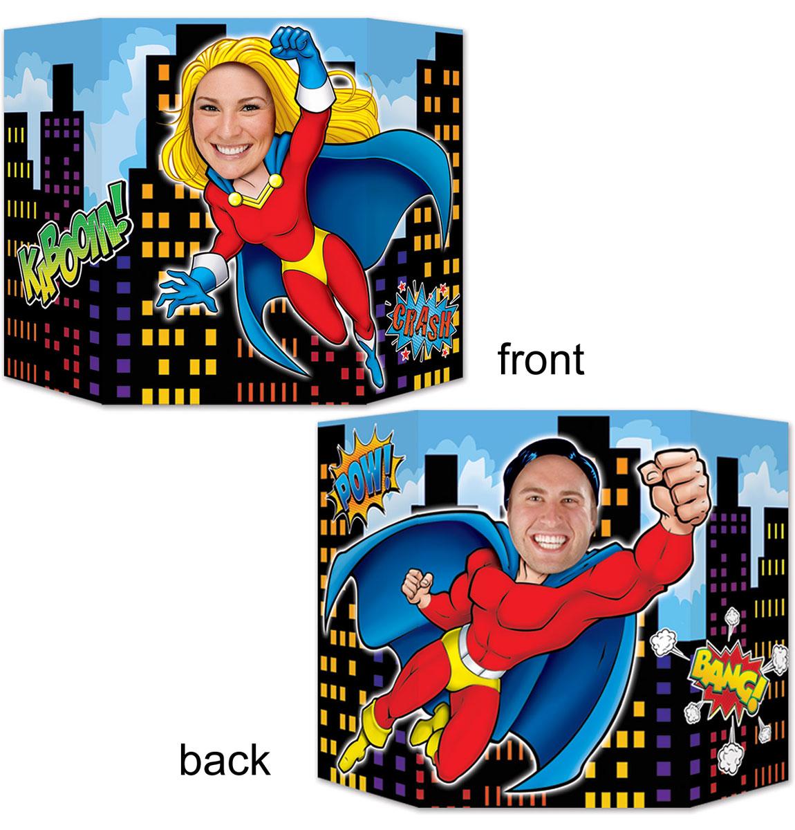 Two-sided Superhero Photo Prop for classic photobooth or selfies by Beistle 59886 available in the UK here at Karnival Costumes online party shop