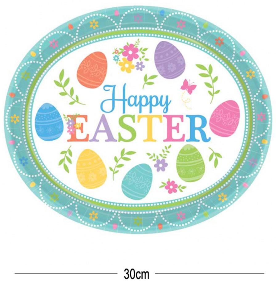 Pack of 8 lovely Happy Easter paper oval platters 30cm wide by Amscan 591591 and from a collection of disposable tablewares here at Karnival Costmes online Easter party shop