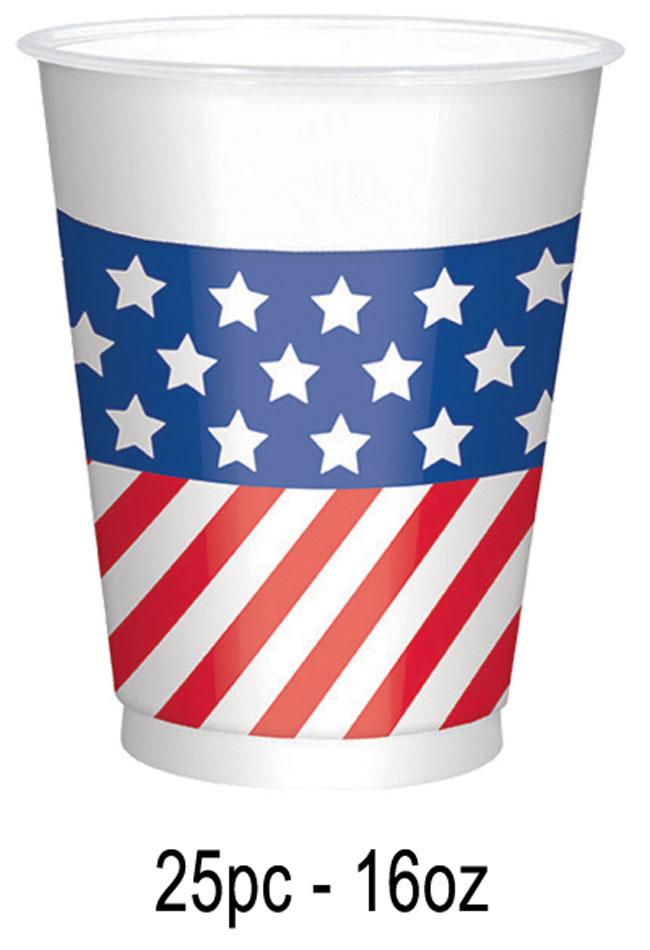 Value pack of 25pc USA Stars and Stripes 16fl oz Plastic Cups by Amscan 420110 available in the UK here at Karnival Costumes online party store