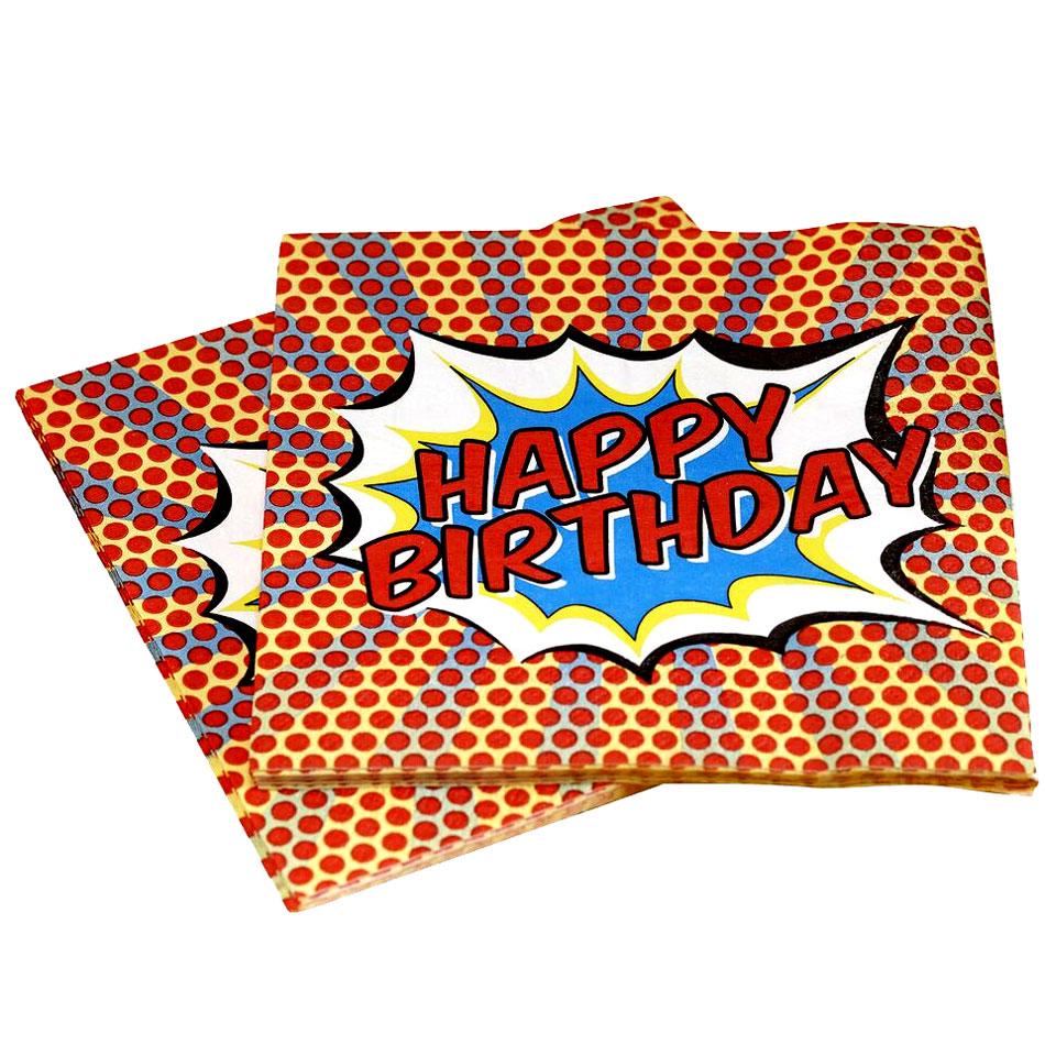 Pack 20 Pop Art Happy Birthday 3ply Paper Napkins by Ginger Ray PA-119 available here at Karnival Costumes online party shop
