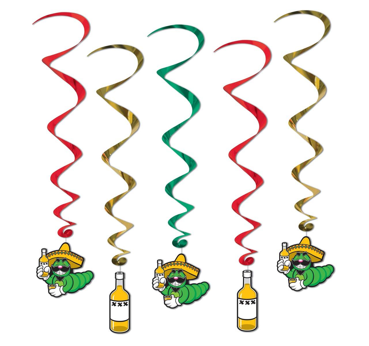 Mexican Fiesta Whirls with Tequila Bottle or Worm pk5 decorations over 3ft by Beistle 57563 and available here at Karnival Costumes online party shop