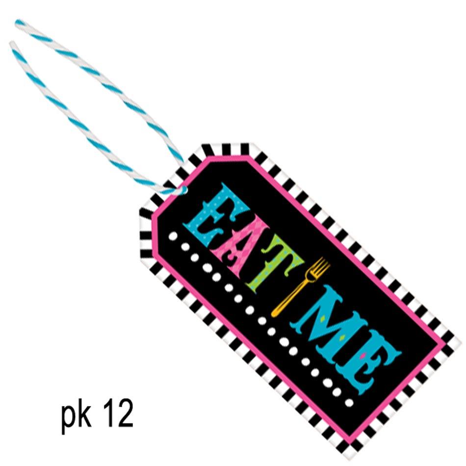 Pack of 12 Mad Hatter Tea Party Tags with the message 'Eat Me' by Amscan 260145 available here at Karnival Costumes online party shop