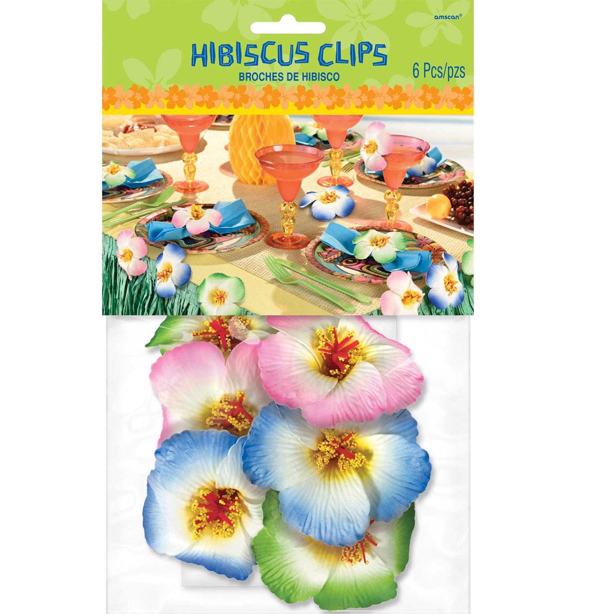Hawaiian Hibiscus Tablecover Clips pk6 in blue, pink and green by Amscan 670534 available here at Karnival Costumes online luau shop