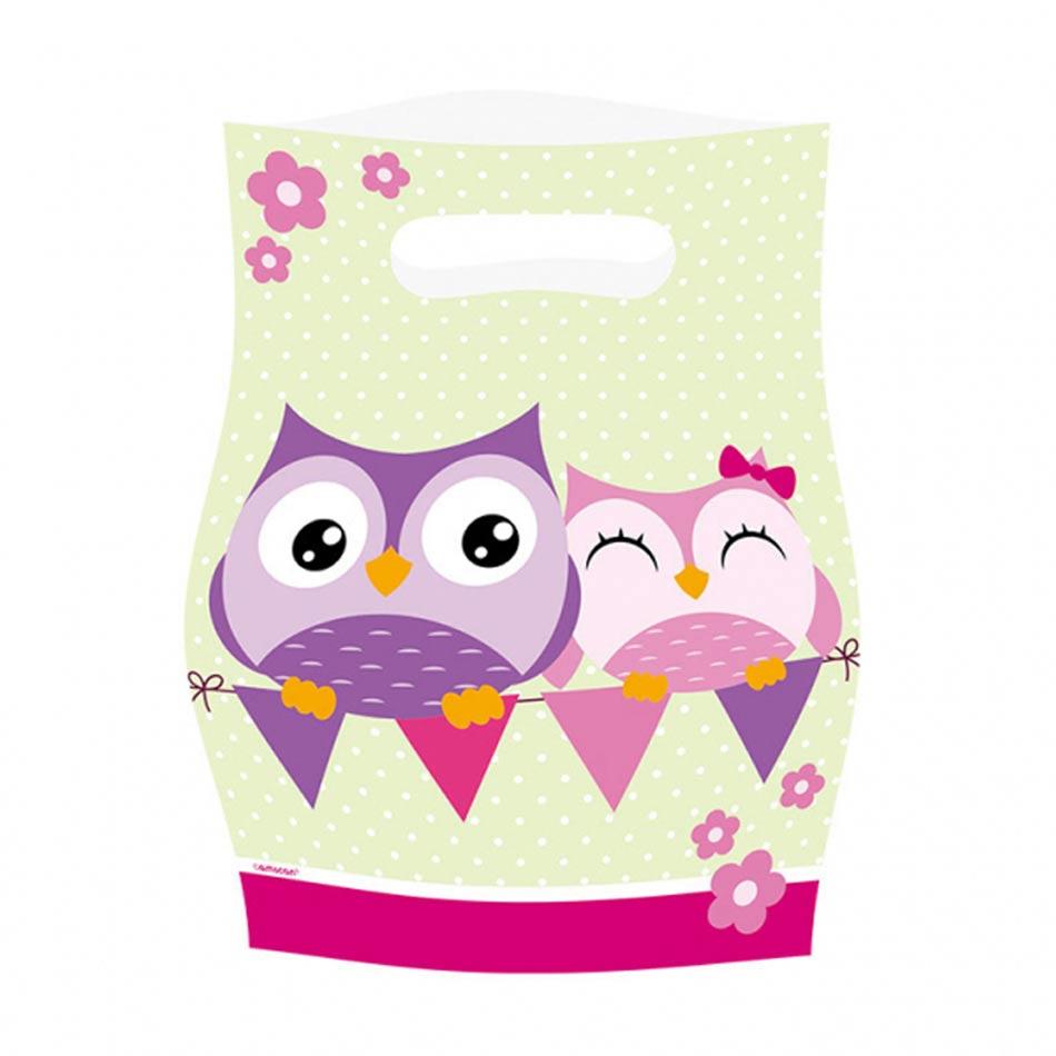 Pack of 8 Owl Plastic Party Bags by Amscan 998349 available from the range here at Karnival Costumes online party shop