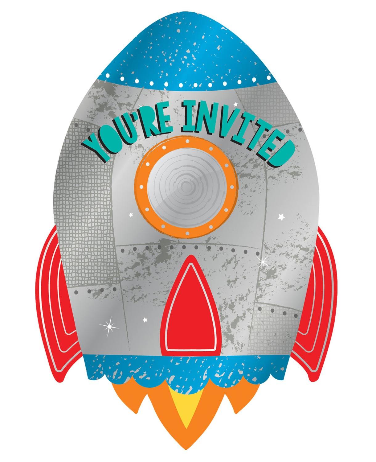 Blast Off Birthday Postcard Invitations with Stickers Pk 8 by Amscan 492278 available here at Karnival Costumes online party shop