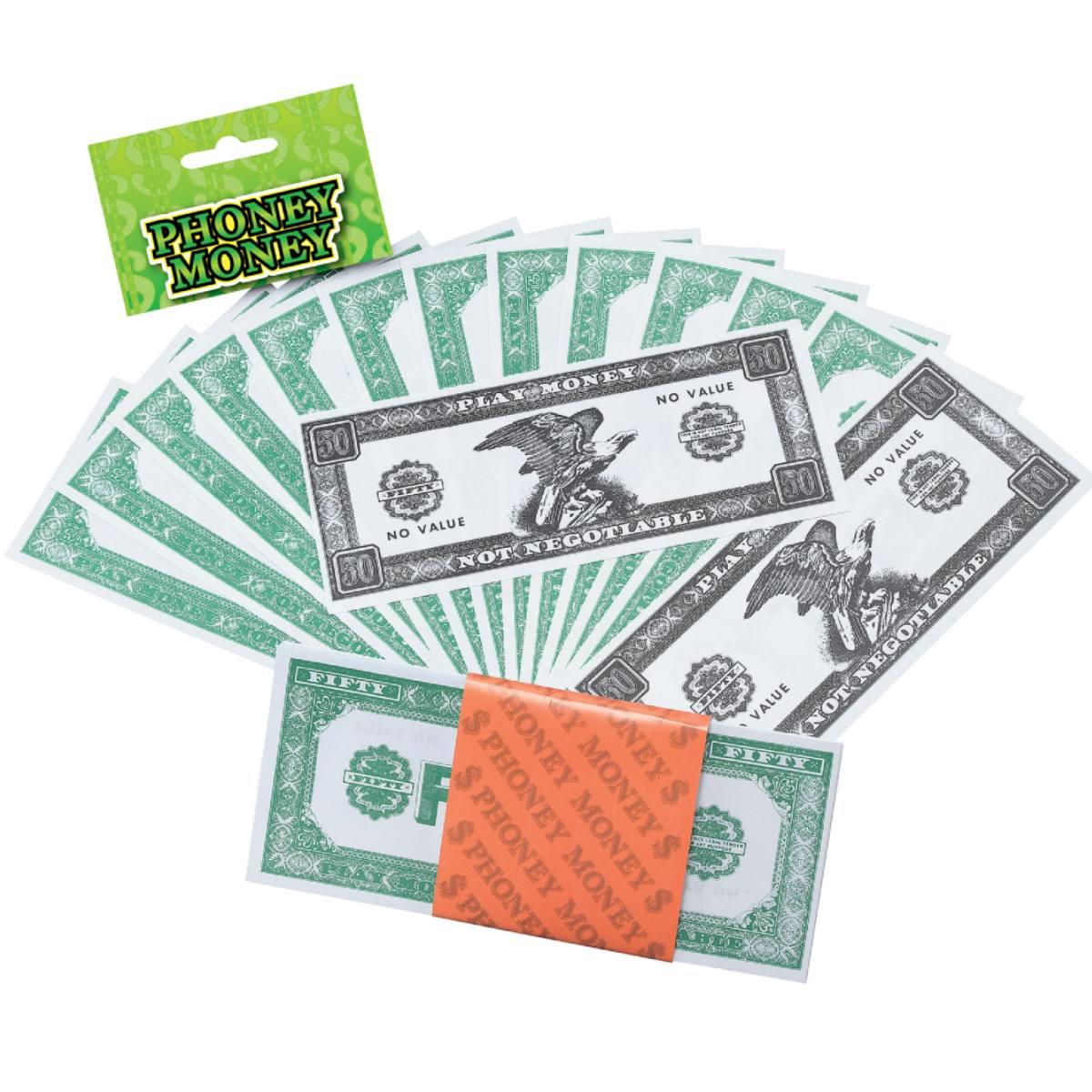 Bundle of fake $50 bills. Phoney money item GJ362 for a variety of costume themes. Available here at Karnival Costumes online party shop