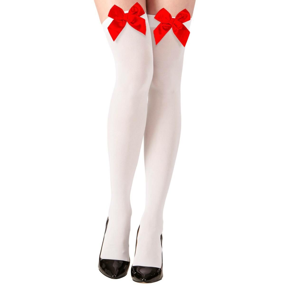 White Hold-up Stockings with Red Satin Bows by Widmann 4780FR available here at Karnival Costumes online party shop