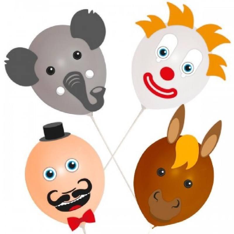 Novelty Circus Balloon Kit with ringmaster, elephant, horse and clown heads with stickers and sticks pk4 by Folat 8578 available here at Karnival Costumes online party shop