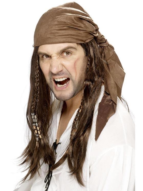 Buccaneer Pirate Wig & Bandana in Brown by Smiffy 42074 available here at Karnival Costumes online party shop
