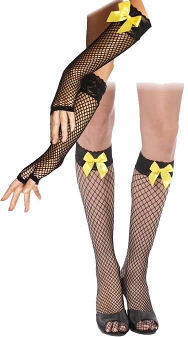 Bijou Boutique Black and Yellow Fishnet Stockings and Glove Set
