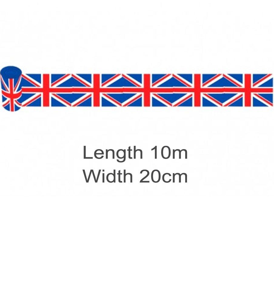 10m length of Union Jack Bunting Streamer. 20cm wide D8250 and perfect for any number of uses. Available from Karnival Costumes