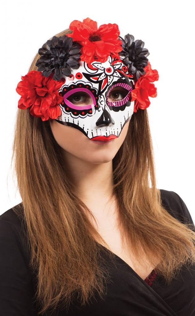 Day of the Dead Darling Senorita Mask with flower trim, item EM763 and available from Karnival Costumes