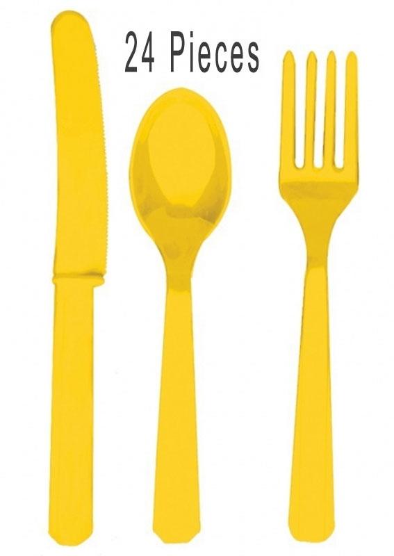 Sunshine Yellow Cutlery Assortment comprising 24 pcs, 8 each; knives, forks and spoons. By Amscan 4546-09 and available from Karnival Costumes