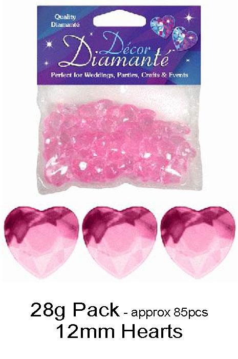 Pack of 28 grams, approximately 85 pieces of 12mm Pink Heart Shaped Diamantes for decorating wedding tables, engagment parties and girly night parties. By Oaktree UK item 622920 and available from Karnival Costumes