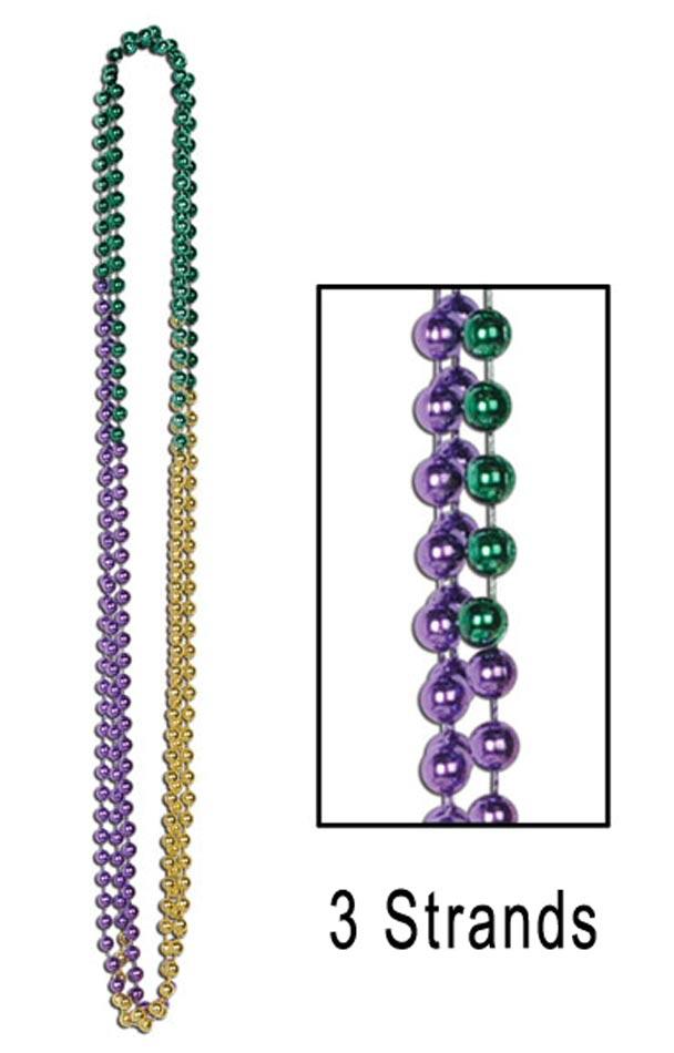 Pack of 3 strands of tri-coloured, gold, purple and green Mardi Gras Party Beads 7.5mm dia and approx 33" in length. By Beistle 57248-GGP and available in the UK from Karnival Costumes